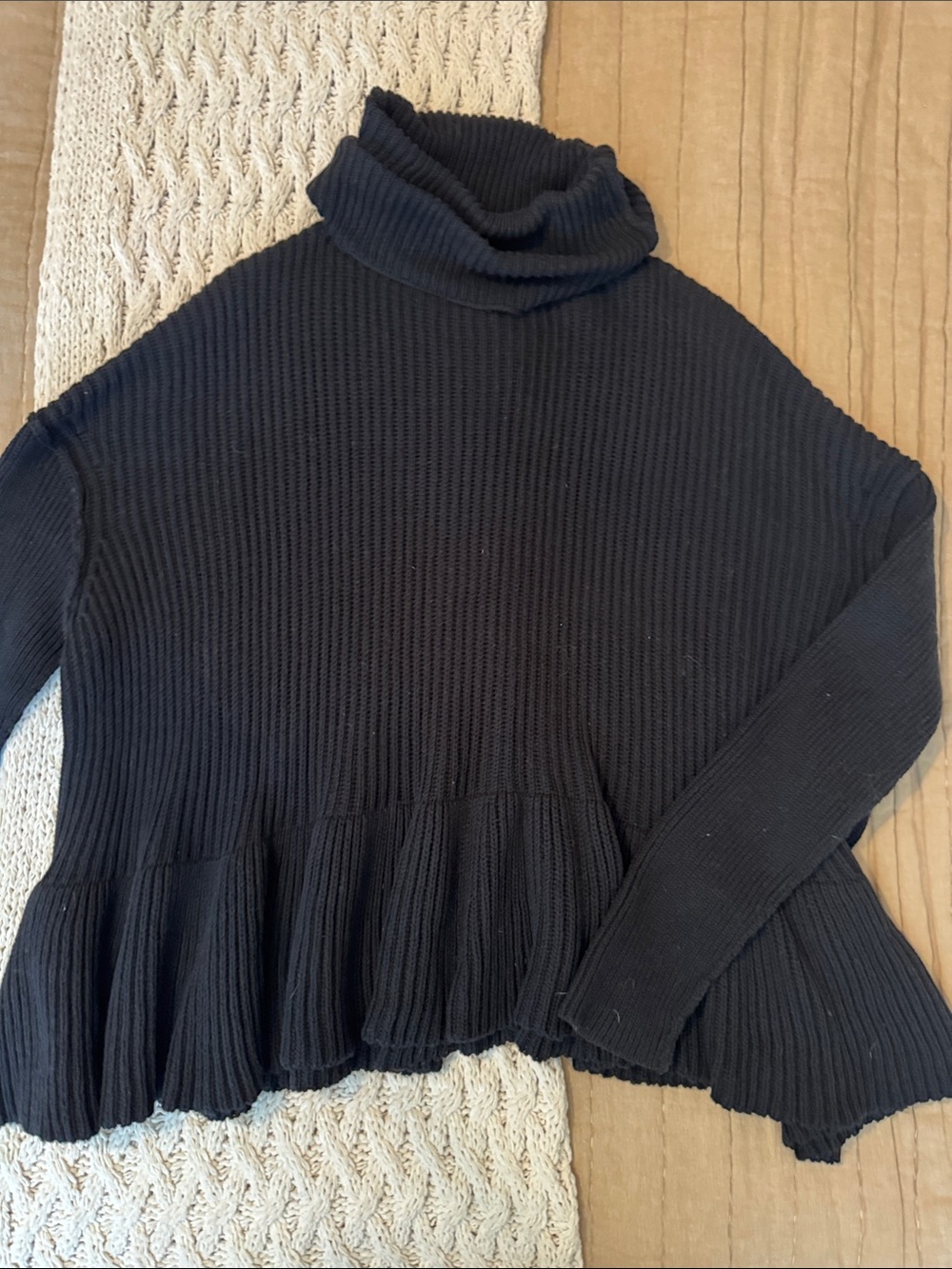 Free People Black Ribbed Turtleneck Peplum Sweater